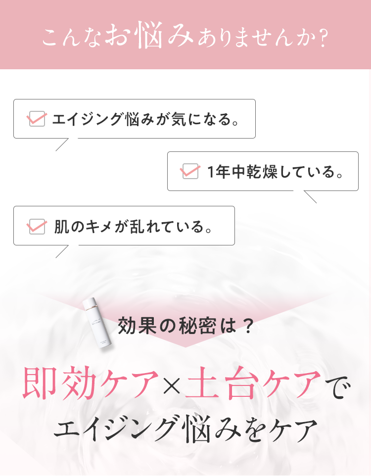 こんな方におすすめです。　エイジング悩みが気になる。1年中乾燥している。肌のキメが乱れている。　効果の秘密は？即効ケア×土台ケアでエイジング悩みをケア