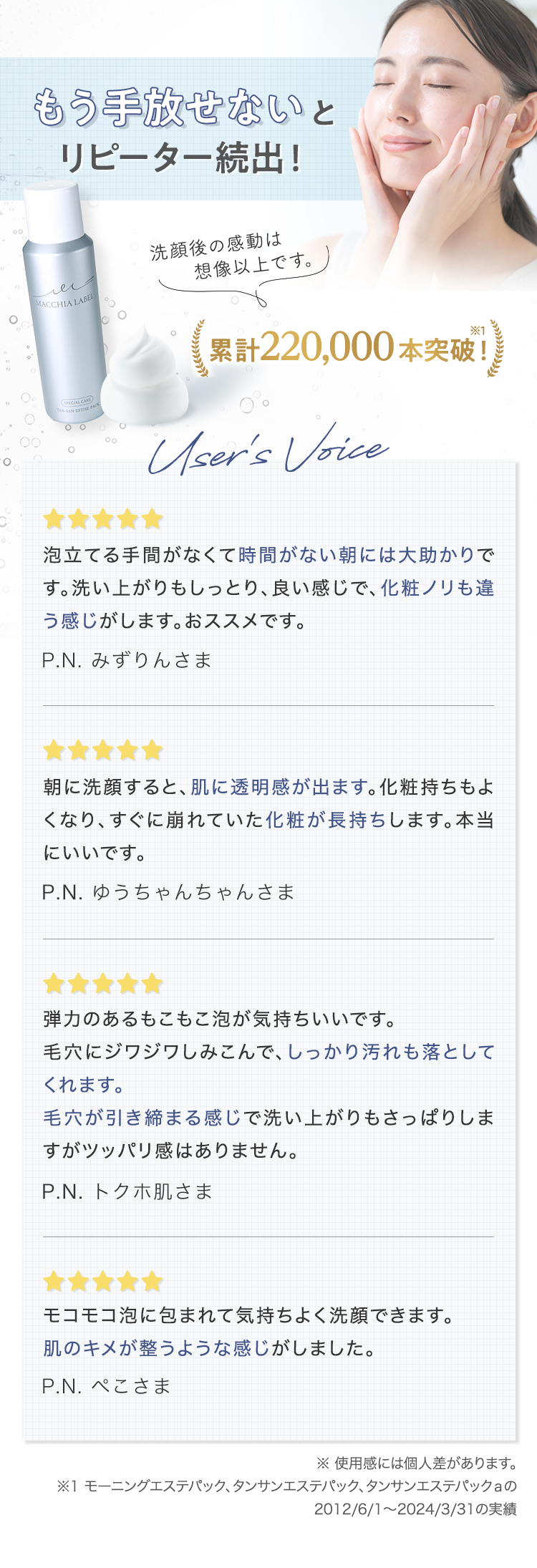 もう手放せないとリピーター続出! 洗顔後の感動は想像以上です。 累計220,000本※1突破! user's voice | 泡立てる手間がなくて時間がない朝には大助かりです。洗い上がりもしっとり、良い感じで、化粧ノリも違う感じがします。おススメです。P.N. みずりんさま | 朝に洗顔すると、肌に透明感が出ます。化粧持ちもよくなり、すぐに崩れていた化粧が長持ちします。本当にいいです。P.N. ゆうちゃんちゃんさま | 弾力のあるもこもこ泡が気持ちいいです。毛穴にジワジワしみこんで、しっかり汚れも落としてくれます。毛穴が引き締まる感じで洗い上がりもさっぱりしますがツッパリ感はありません。P.N. トクホ肌さま | モコモコ泡に包まれて気持ちよく洗顔できます。肌のキメが整うような感じがしました。P.N. ぺこさま | ※ 使用感には個人差があります。 ※1 モーニングエステパック、タンサンエステパック、タンサンエステパックａの2012/6/1～2024/3/31の実績