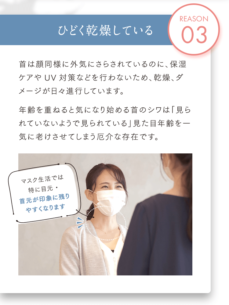 REASON03 ひどく乾燥している 首は顔同様に外気にさらされているのに、保湿ケアやUV対策などを行わないため、乾燥、ダメージが日々進行しています。年齢を重ねると気になり始める首のシワは「見られていないようで見られている」見た目年齢を一気に老けさせてしまう厄介な存在です。
