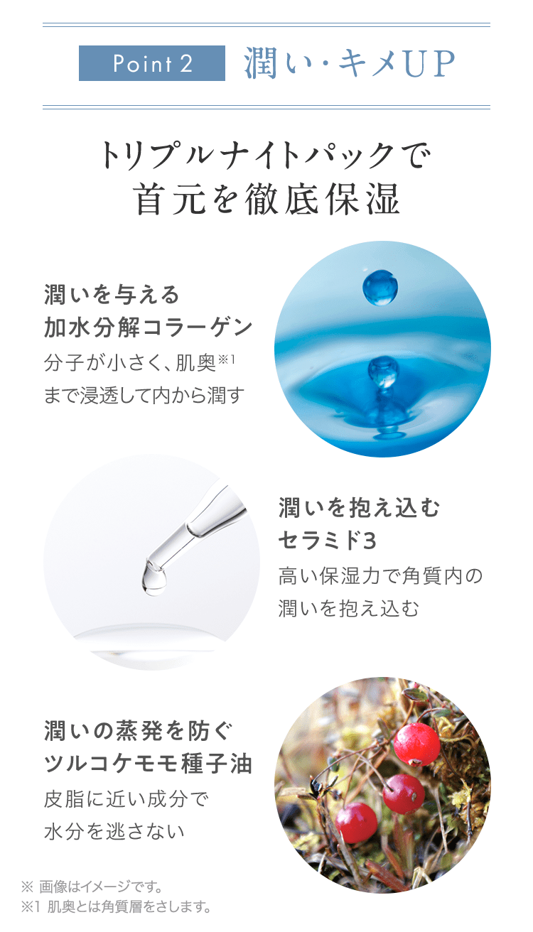 Point2 潤い・キメUP トリプルナイトパックで首元を徹底保湿 潤いを与える加水分解コラーゲン 分子が小さく、肌奥※1まで浸透して内から潤す | 潤いを抱え込むセラミド３ 高い保湿力で角質内の潤いを抱え込む | 潤いの蒸発を防ぐツルコケモモ種子油 皮脂に近い成分で水分を逃さない | ※ 画像はイメージです。 ※1 肌奥とは角質層をさします。