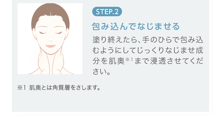 STEP.2 [包み込んでなじませる] 塗り終えたら、手のひらで包み込むようにしてじっくりなじませ成分を肌奥※１まで浸透させてください。 ※1 肌奥とは角質層をさします。