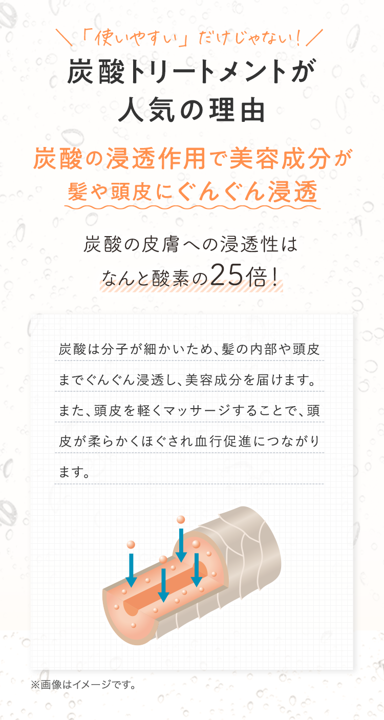 ＼「使いやすい」だけじゃない！／ 炭酸トリートメントが人気の理由 炭酸の浸透作用で美容成分が髪や頭皮にぐんぐん浸透 炭酸の皮膚への浸透性はなんと酸素の25倍！ 炭酸は分子が細かいため、髪の内部や頭皮までぐんぐん浸透し、美容成分を届けます。また、頭皮を軽くマッサージすることで、頭皮が柔らかくほぐされ血行促進につながります。 ※画像はイメージです。