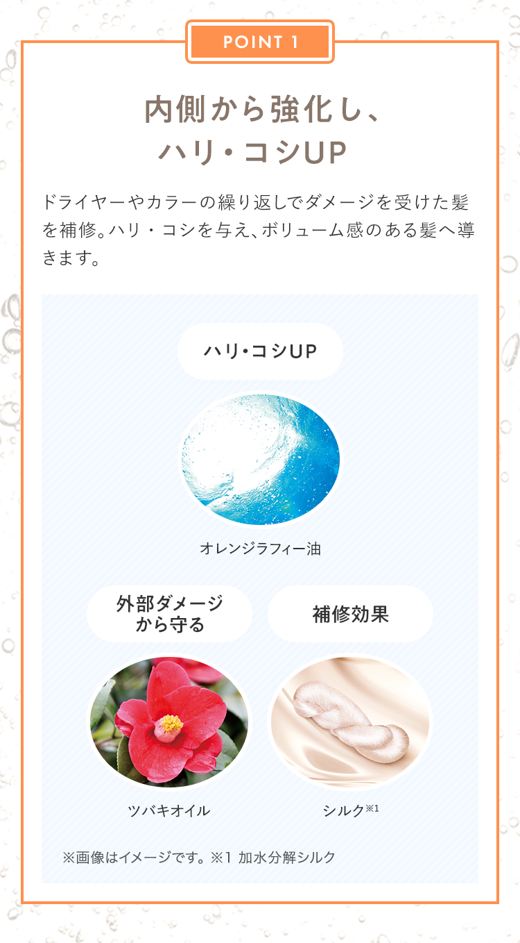 POINT 1 内側から強化し、ハリ・コシUP ドライヤーやカラーの繰り返しでダメージを受けた髪を補修。ハリ・コシを与え、ボリューム感のある髪へ導きます。 ハリ・コシUP オレンジラフィー油 外部ダメージから守る ツバキオイル 補修効果 シルク※1 ※画像はイメージです。 ※1 加水分解シルク