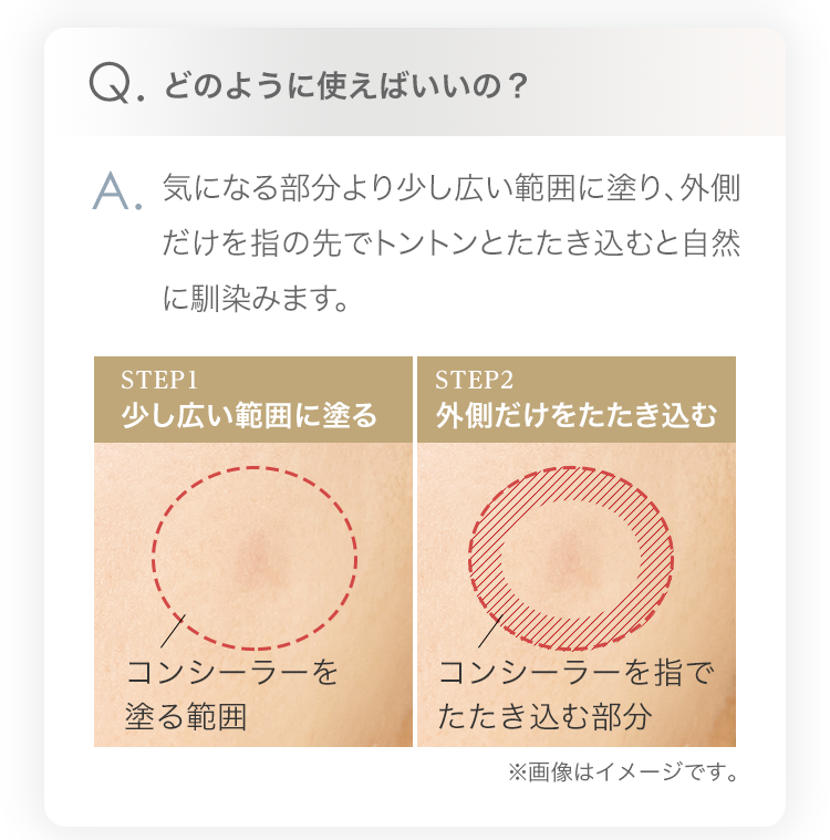 Q.どのように使えばいいの？ A.気になる部分より少し広い範囲に塗り、外側だけを指の先でトントンとたたき込むと自然に馴染みます。STEP1少し広い範囲に塗る コンシーラーを塗る範囲 STEP2外側だけをたたき込む コンシーラーを指でたたき込む部分 ※画像はイメージです。