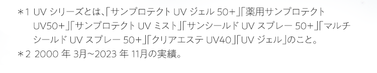 ＊1 UVシリーズとは、「サンプロテクトUVジェル50＋」「薬用サンプロテクトUV50＋」
				「サンプロテクトUVミスト」「サンシールドUVスプレー50＋」「マルチシールドUVスプレー50＋」「クリアエステUV40」「UVジェル」のこと。＊2 2000年3⽉〜2023年11⽉の実績。