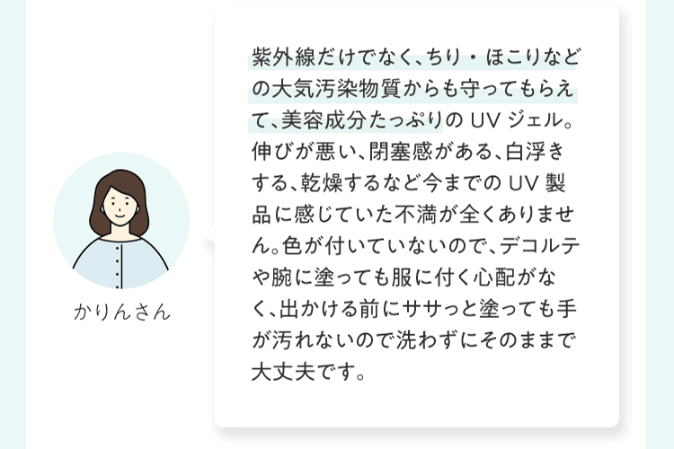 紫外線だけでなく、ちり・ほこりなどの大気汚染物質からも守ってもらえて、美容成分たっぷりのUVジェル。伸びが悪い、閉塞感がある、白浮きする、乾燥するなど今までのUV製品に感じていた不満が全くありません。色が付いていないので、デコルテや腕に塗っても服に付く心配がなく、出かける前にササっと塗っても手が汚れないので洗わずにそのままで大丈夫です。