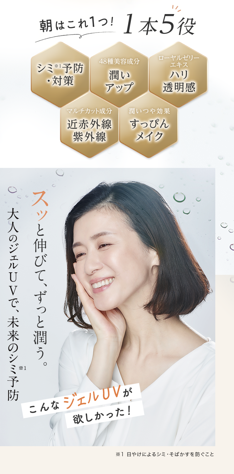 朝はこれ1つ！1本5役 スッと伸びて、ずっと潤う。大人のジェルUVで、未来のシミ※1予防
