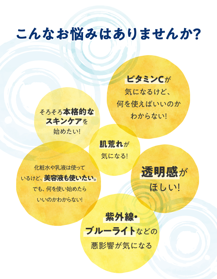 こんなお悩みはありませんか？ [ビタミンCが気になるけど、何を使えばいいのかわからない！][そろそろ本格的なスキンケアを始めたい！][肌荒れが気になる！][透明感がほしい！][化粧水や乳液は使っているけど、美容液も使いたい。でも、何を使い始めたらいいのかわからない！][紫外線・ブルーライトなどの悪影響が気になる]