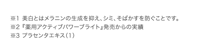 ※1美白とはメラニンの生成を抑え、シミ、そばかすを防ぐことです。 ※2『薬用アクティブパワーブライト』発売からの実績 ※3プラセンタエキス(1)