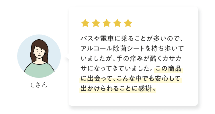 「バスや電車に乗ることが多いので、アルコール除菌シートを持ち歩いていましたが、手の痒みが酷くカサカサになってきていました。 この商品に出会って、こんな中でも安心して出かけられることに感謝。」