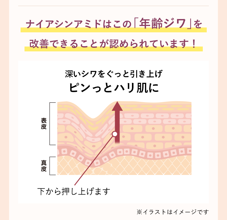 ナイアシンアミドはこの「年齢ジワ」を改善できることが認められています！