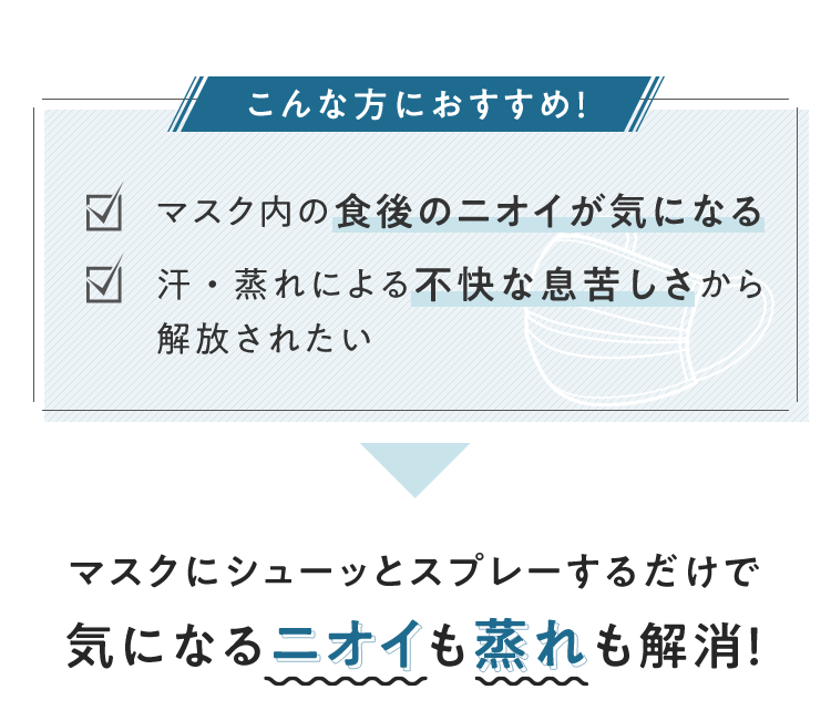 こんな方におすすめ！　マスク内の食後のニオイが気になる　汗・蒸れによる不快な息苦しさから解放されたい　マスクにシューッとスプレーするだけで気になるニオイも蒸れも解消！