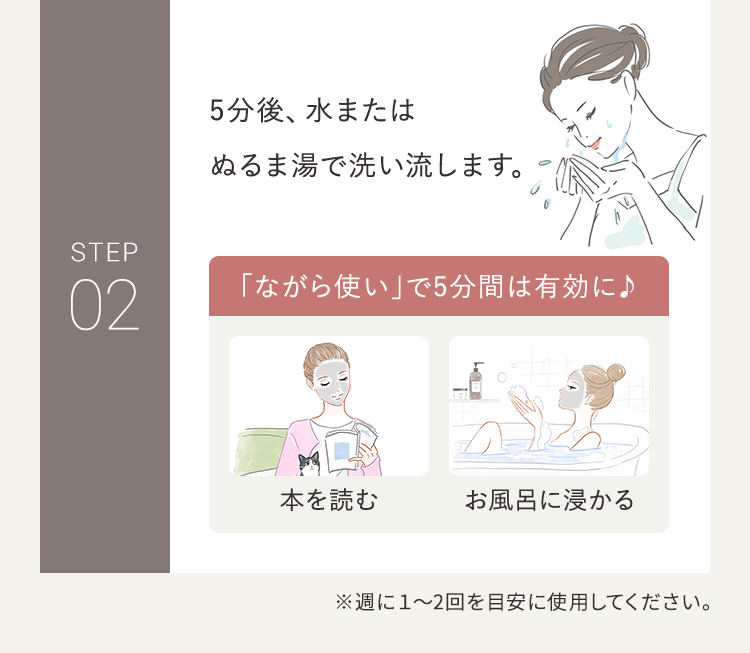 STEP02 5分後、水またはぬるま湯で洗い流します。