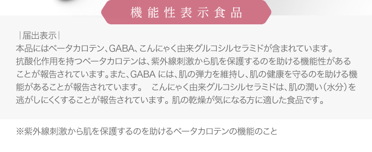 [機能性表示食品] [届出表示]本品にはベータカロテン、GABA、こんにゃく由来グルコシルセラミドが含まれています。 抗酸化作用を持つベータカロテンは、紫外線刺激から肌を保護するのを助ける機能性があることが報告されています。また、GABAには、肌の弾力を維持し、肌の健康を守るのを助ける機能があることが報告されています。　こんにゃく由来グルコシルセラミドは、肌の潤い（水分）を逃がしにくくすることが報告されています。 肌の乾燥が気になる方に適した食品です。 | ※紫外線刺激から肌を保護するのを助けるベータカロテンの機能のこと