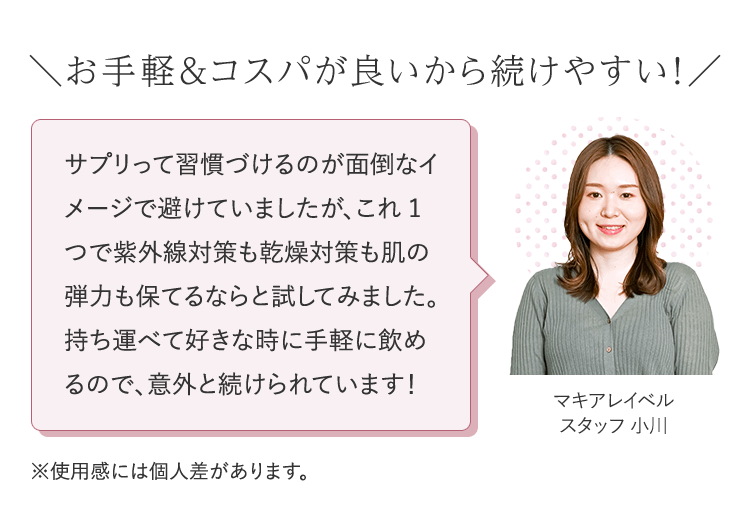 ＼お手軽＆コスパが良いから続けやすい！／ サプリって習慣づけるのが面倒なイメージで避けていましたが、これ1つで紫外線対策も乾燥対策も肌の弾力も保てるならと試してみました。 持ち運べて好きな時に手軽に飲めるので、意外と続けられています！ マキアレイベルスタッフ 小川 | ※使用感には個人差があります。