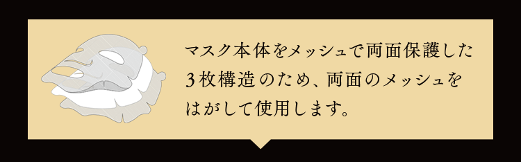 マスク本体をメッシュで両面保護した3枚構造のため、両面のメッシュをはがして使用します。