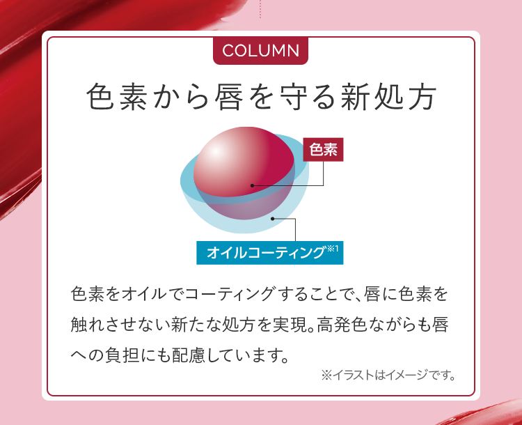 COLUMN 色素から唇を守る新処方 色素をオイルでコーティングすることで、唇に色素を触れさせない新たな処方を実現。高発色ながらも唇への負担にも配慮しています。