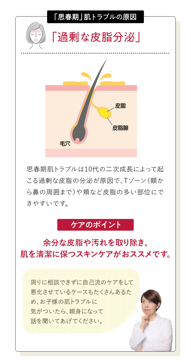 「思春期」肌トラブルの原因「過剰な皮脂分泌」思春期肌トラブルは10代の二次成長によって起こる過剰な皮脂の分泌が原因で、Tゾーン（額から鼻の周囲まで）や頬など皮脂の多い部位にできやすいです。ケアのポイント 余分な皮脂や汚れを取り除き、肌を清潔に保つスキンケアがおススメです。周りに相談できずに自己流のケアをして悪化させているケースもたくさんあるため、お子様の肌トラブルに気がついたら、親身になって話を聞いてあげてください。