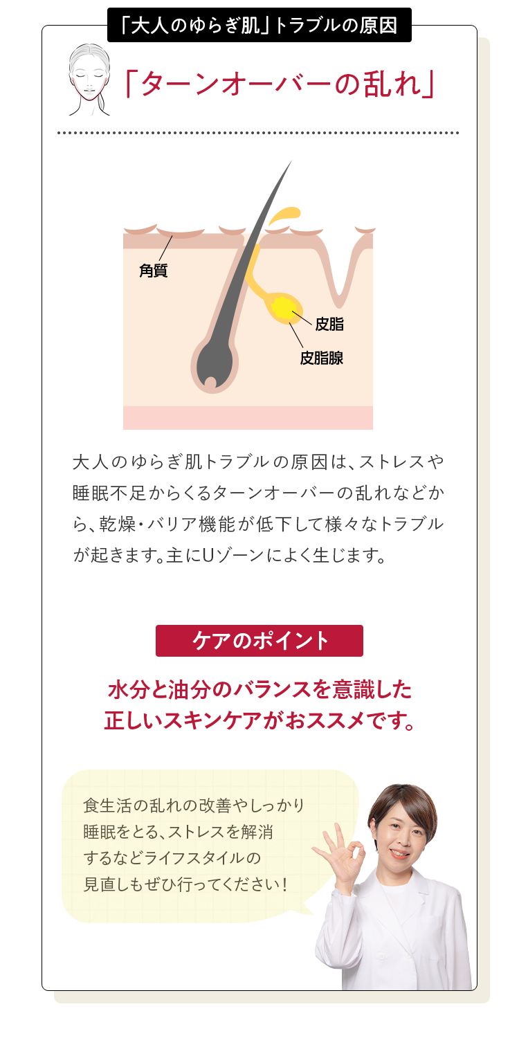 「大人のゆらぎ肌」トラブルの原因 「ターンオーバーの乱れ」大人のゆらぎ肌トラブルの原因は、ストレスや睡眠不足からくるターンオーバーの乱れなどから、乾燥・バリア機能が低下して様々なトラブルが起きます。主にUゾーンによく生じます。ケアのポイント 水分と油分のバランスを意識した正しいスキンケアがおススメです。食生活の乱れの改善やしっかり睡眠をとる、ストレスを解消するなどライフスタイルの見直しもぜひ行ってください！