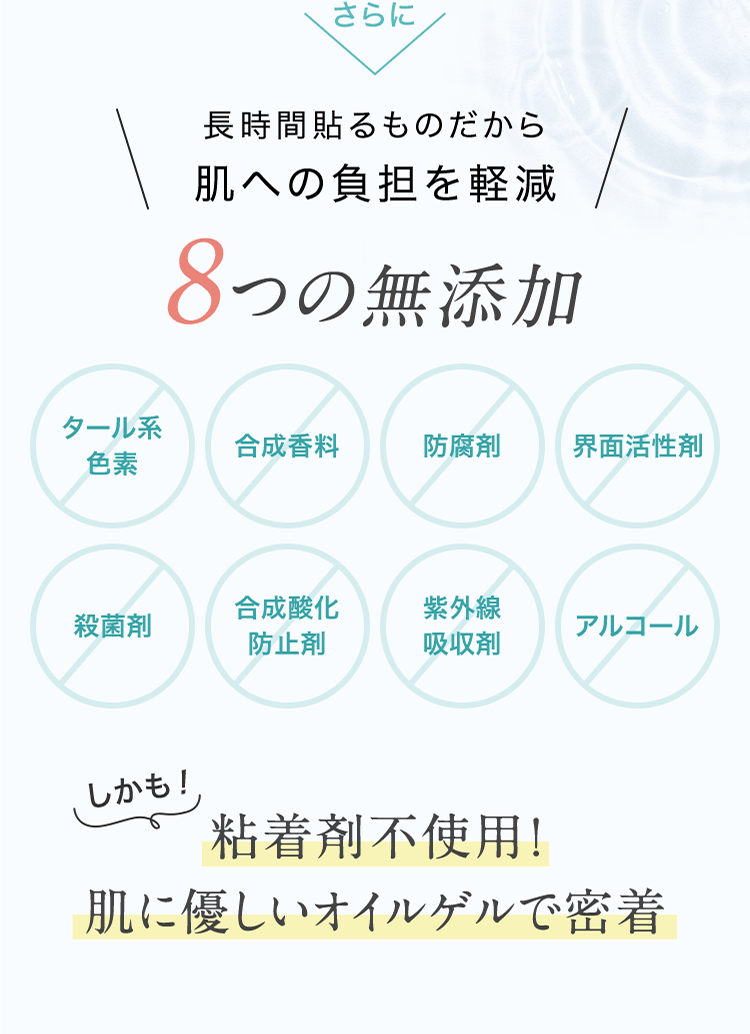 さらに 長時間貼るものだから肌への負担を軽減 8つの無添加 しかも粘着剤不使用!肌に優しいオイルゲルで密着