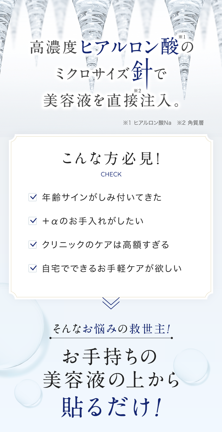 高濃度ヒアルロン酸のミクロサイズ針で美容液を直接注入。※1 ヒアルロン酸Na　※2 角質層 こんな方必見！年齢サインがしみ付いてきた ＋αのお手入れがしたい クリニックのケアは高額すぎる 自宅でできるお手軽ケアが欲しい そんなお悩みの救世主！お手持ちの美容液の上から貼るだけ！