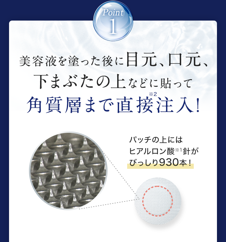 Point1 美容液を塗った後に目元、口元、下まぶたの上などに貼って角質層まで直接注入！パッチの上にはヒアルロン酸※1針がびっしり930本！