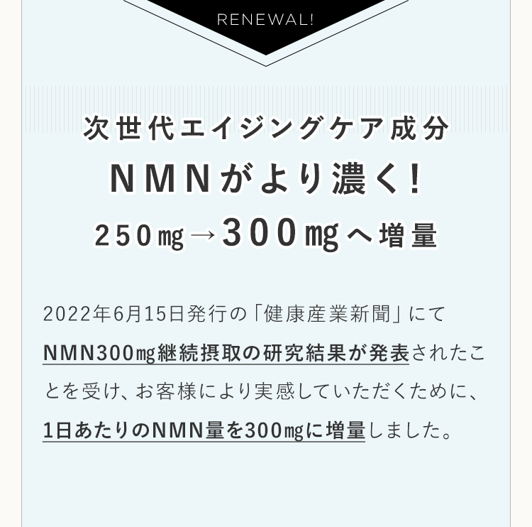 次世代エイジングケア成分NMNがより濃く！ 250㎎→300㎎へ増量