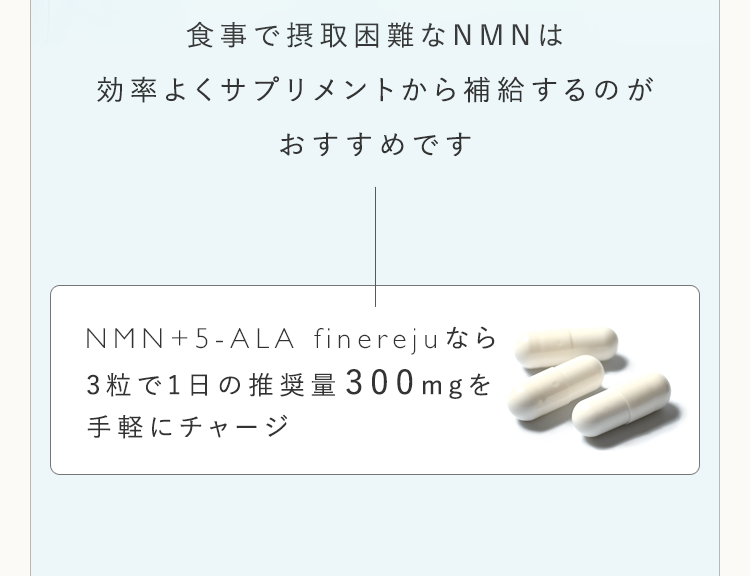 食事で摂取困難なNMNは効率よくサプリメントから補給するのがおすすめです