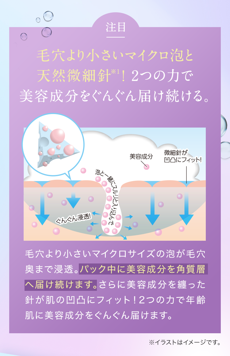 注目 毛穴より小さいマイクロ泡と天然微細針※1!2つの力で美容成分をぐんぐん届け続ける。