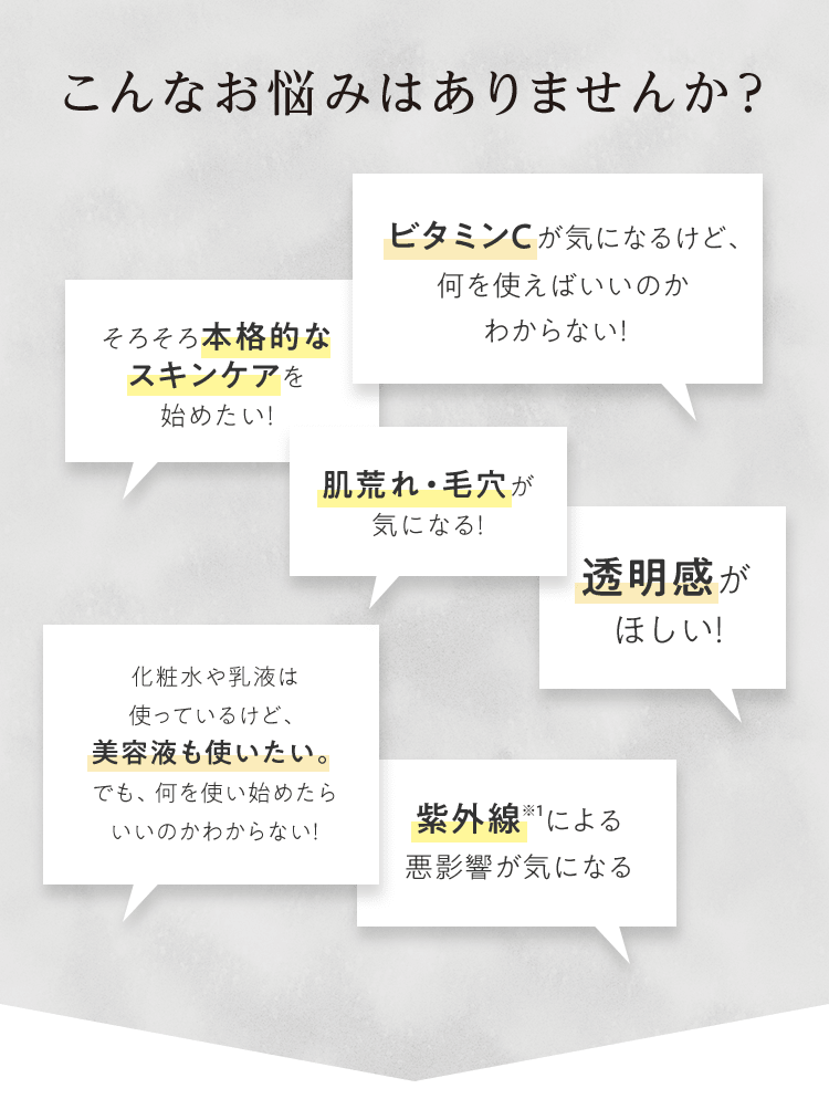 こんなお悩みはありませんか？「ビタミンCが気になるけど、何を使えばいいのかわからない！」「そろそろ本格的なスキンケアを始めたい！」「肌荒れ・毛穴が気になる！」「透明感がほしい！」「化粧水や乳液は使っているけど、美容液も使いたい。でも、何を使い始めたらいいのかわからない！」「紫外線※1による悪影響が気になる」