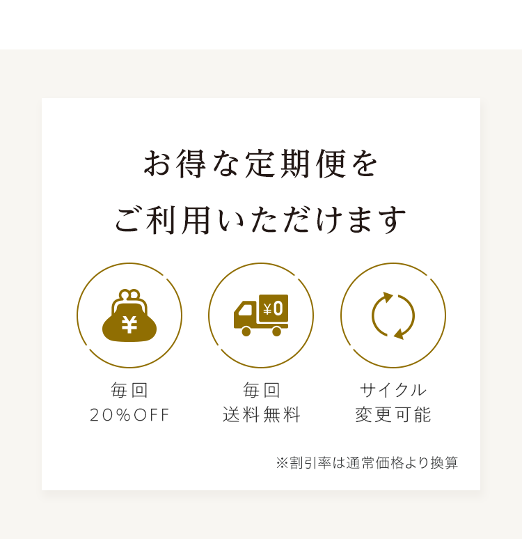 お得な定期便をご利用いただけます 毎回20%OFF 毎回送料無料 サイクル変更可能 ※割引率は通常価格より換算