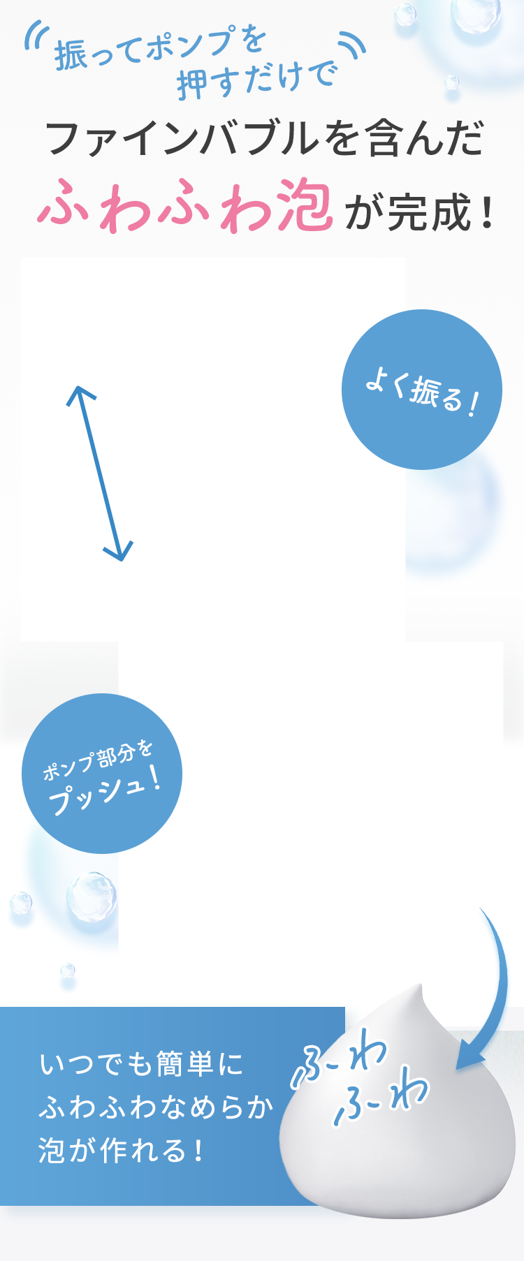 振ってポンプを押すだけでファインバブルを含んだ ふわふわ泡が完成！ よく振る！ ポンプ部分をプッシュ！ いつでも簡単にふわふわなめらか泡が作れる！