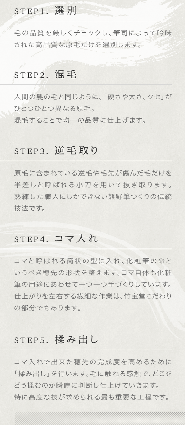 STEP1.選別 STEP2.混毛 STEP3.逆毛取り STEP4.コマ入れ STEP5.揉み出し