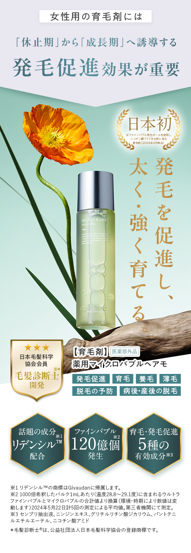 女性用の育毛剤には「休止期」から「成長期」へ誘導する発毛促進効果が重要