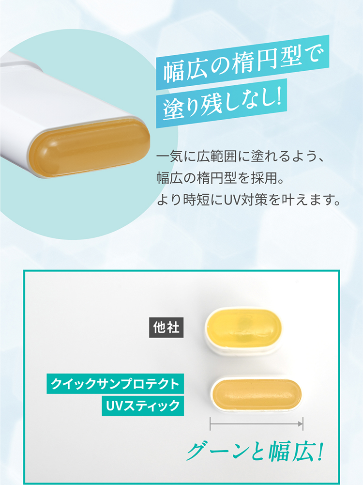 幅広の楕円型で塗り残しなし！ 一気に広範囲に塗れるよう、幅広の楕円型を採用。より時短にUV対策を叶えます。 他社 クイックサンプロテクトUVスティック グーンと幅広！