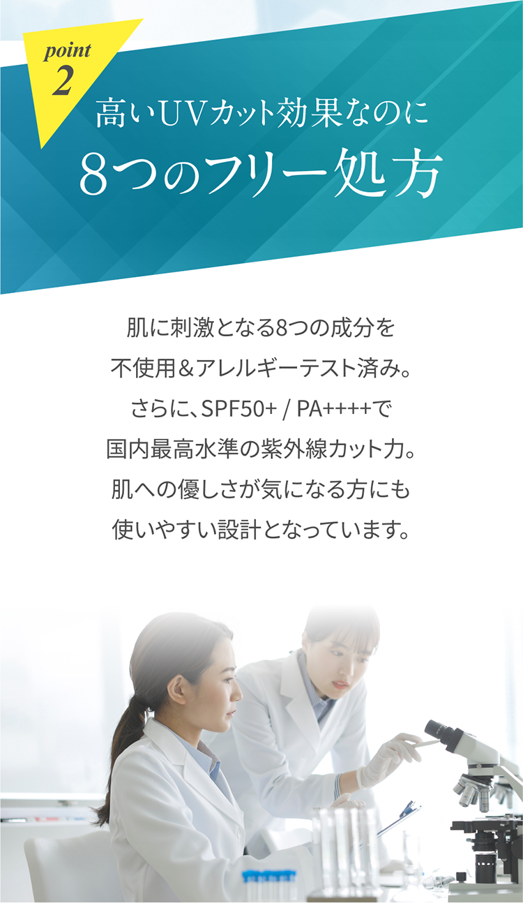 point2 高いUVカット効果なのに８つのフリー処方 肌に刺激となる8つの成分を不使用＆アレルギーテスト済み。さらに、SPF50+ / PA++++で国内最高水準の紫外線カット力。肌への優しさが気になる方にも使いやすい設計となっています。