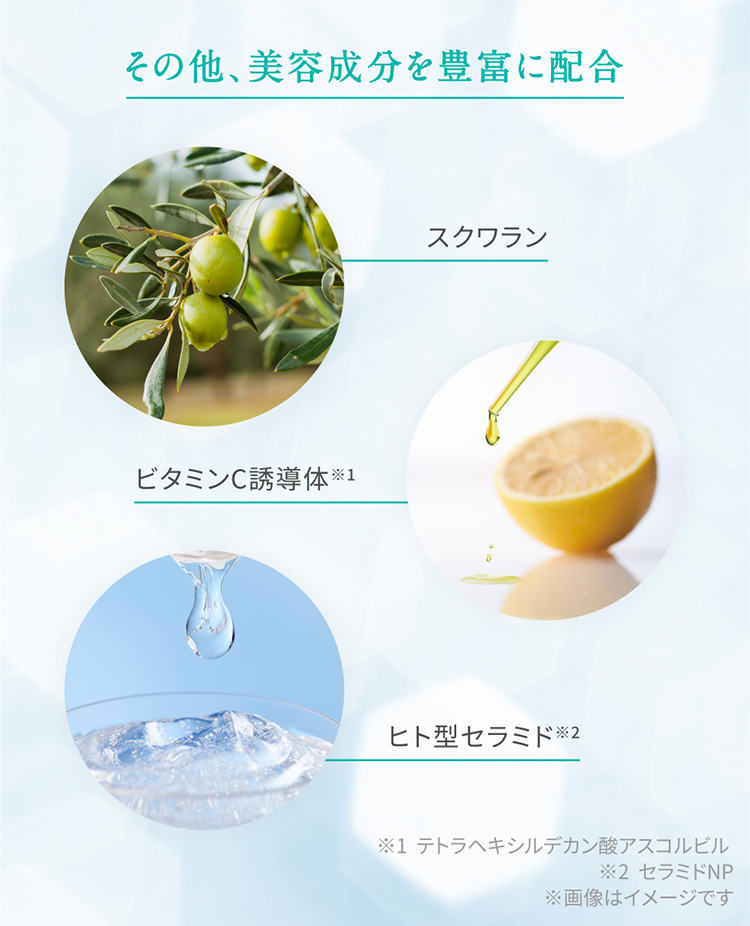 その他、美容成分を豊富に配合 スクワラン ビタミンC誘導体※1 ヒト型セラミド※2 ※1  テトラヘキシルデカン酸アスコルビル※2  セラミドNP※画像はイメージです