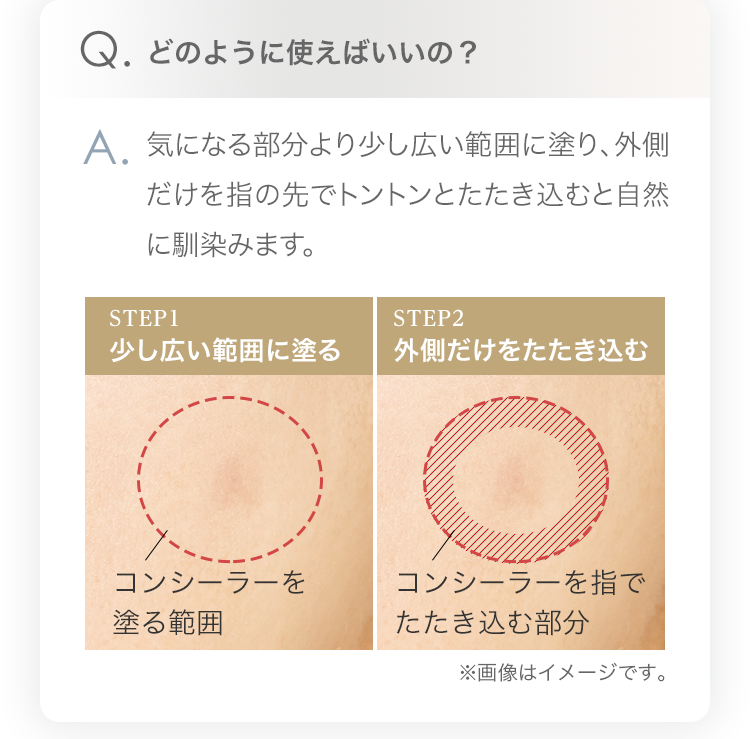 Q.どのように使えばいいの？ A.気になる部分より少し広い範囲に塗り、外側だけを指の先でトントンとたたき込むと自然に馴染みます。