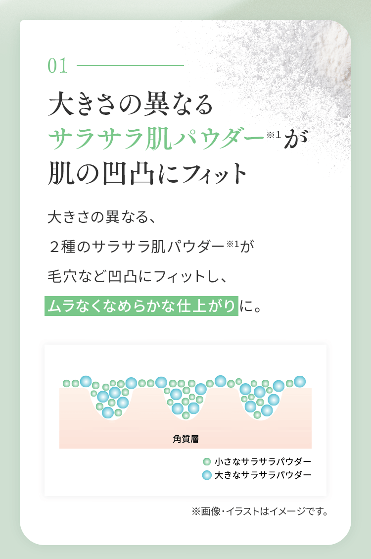 大きさの異なるサラサラ肌パウダー※1が肌の凹凸にフィット
