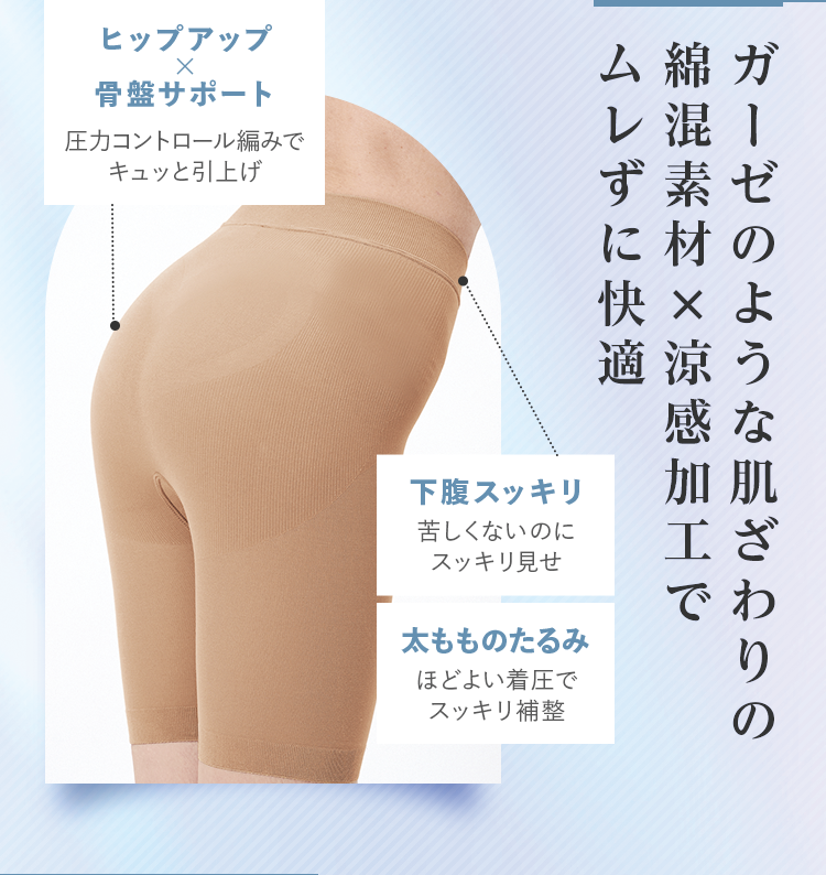 ガーゼのような肌ざわりの綿混素材×涼感加工でムレずに快適