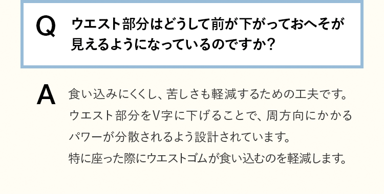[Q]ウエスト部分はどうして前が下がっておへそが見えるようになっているのですか？ [A]食い込みにくくし、苦しさも軽減するための工夫です。ウエスト部分をV字に下げることで、周方向にかかるパワーが分散されるよう設計されています。特に座った際にウエストゴムが食い込むのを軽減します。