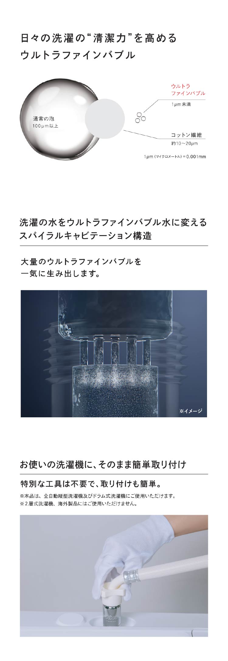 日々の洗濯の”清潔力”を高めるウルトラファインバブル｜洗濯の水をウルトラファインバブル水に変えるスパイラルキャビテーション構造｜お使いの洗濯機に、そのまま簡単取り付け