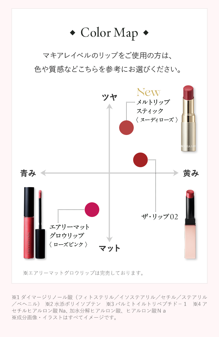 Color Map マキアレイベルのリップをご使用の方は、色や質感などこちらを参考にお選びください。