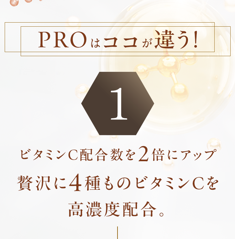 PROはココが違う！1 ビタミンC配合数を2倍にアップ 贅沢に4種ものビタミンCを高濃度配合。