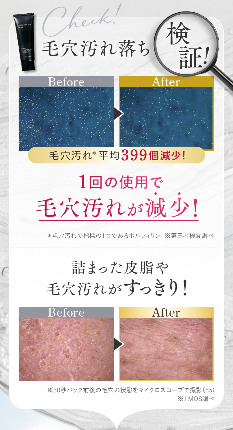 Check！ 毛穴汚れ落ち検証！ 1回の使用で毛穴汚れが減少！