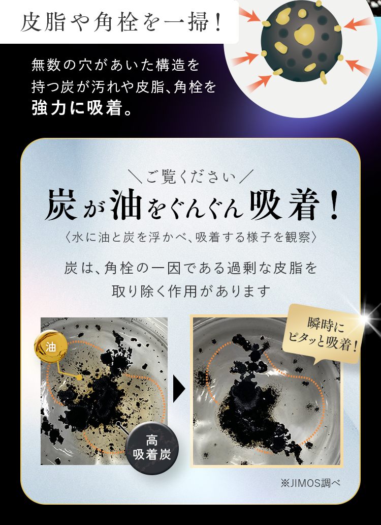 皮脂や角栓を一掃！｜無数の穴があいた構造を持つ炭が汚れや皮脂、角栓を強力に吸着。