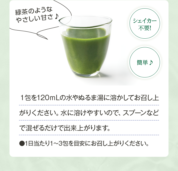 １包を120ｍLの水やぬるま湯に溶かしてお召し上がりください。水に溶けやすいので、スプーンなどで混ぜるだけで出来上がります。●1日当たり1～3包を目安にお召し上がりください。