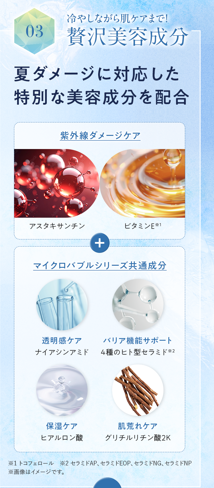 03 冷やしながら肌ケアまで！贅沢美容成分｜夏ダメージに対応した特別な美容成分を配合