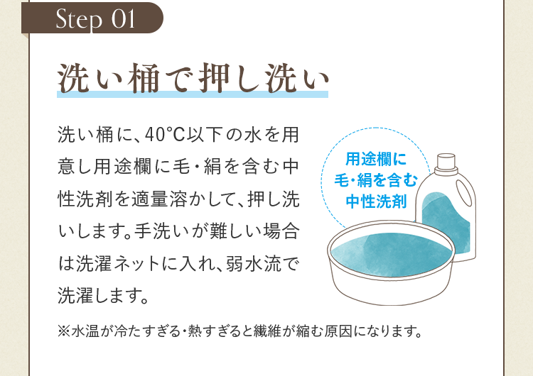 Step 01 洗い桶で押し洗い