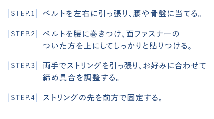 STEP1 ベルトを左右に引っ張り､腰や骨盤に当てる｡　STEP2 ベルトを腰に巻きつけ､面ファスナーのついた方を上にしてしっかりと貼りつける｡　STEP3 両手でストリングを引っ張り､お好みに合わせて締め具合を調整する｡　STEP4 ストリングの先を前方で固定する｡
